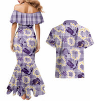 Aloha Hawaii Paniolo Lavender Palaka Couples Matching Mermaid Dress and Hawaiian Shirt Coastal Rodeo - Polynesian Pride