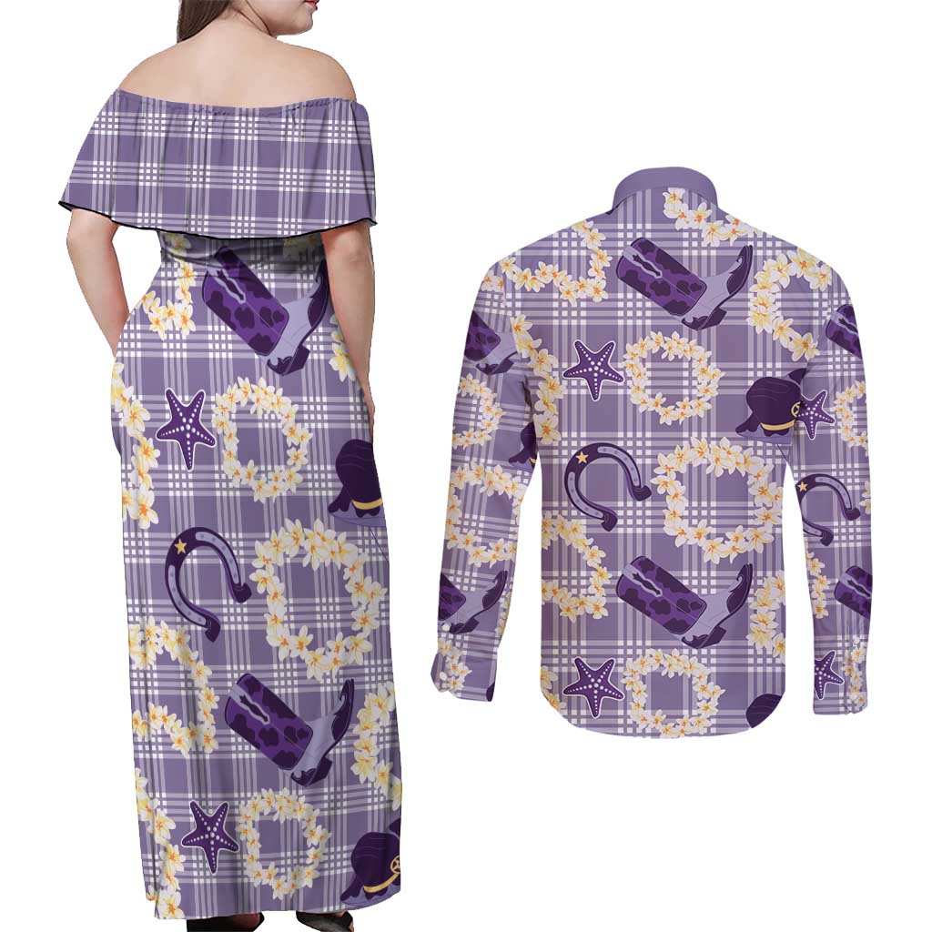 Aloha Hawaii Paniolo Lavender Palaka Couples Matching Off Shoulder Maxi Dress and Long Sleeve Button Shirt Coastal Rodeo - Polynesian Pride
