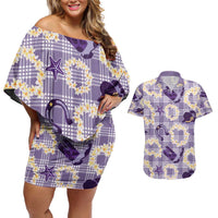 Aloha Hawaii Paniolo Lavender Palaka Couples Matching Off Shoulder Short Dress and Hawaiian Shirt Coastal Rodeo - Polynesian Pride