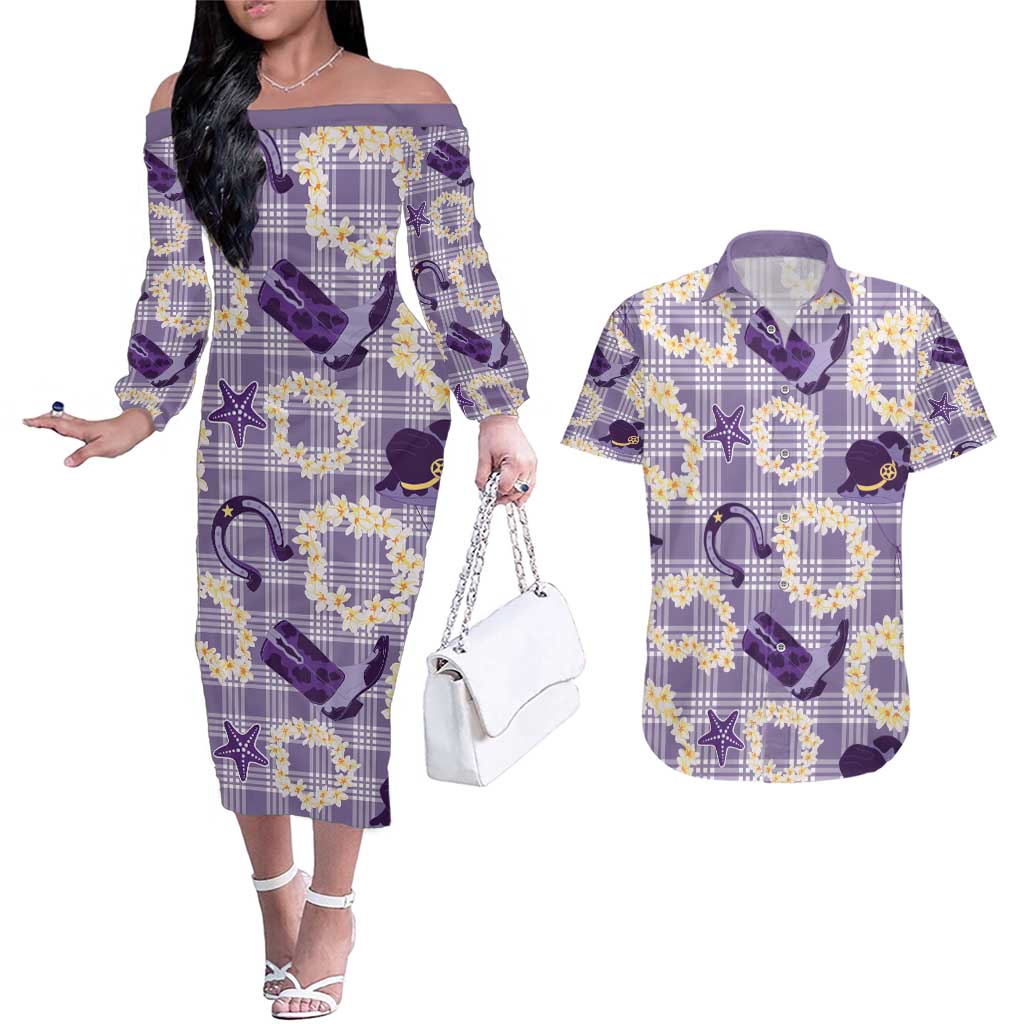 Aloha Hawaii Paniolo Lavender Palaka Couples Matching Off The Shoulder Long Sleeve Dress and Hawaiian Shirt Coastal Rodeo - Polynesian Pride