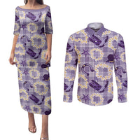 Aloha Hawaii Paniolo Lavender Palaka Couples Matching Puletasi and Long Sleeve Button Shirt Coastal Rodeo - Polynesian Pride