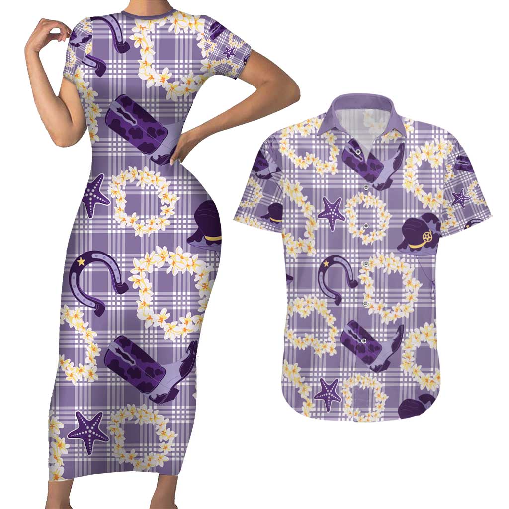 Aloha Hawaii Paniolo Lavender Palaka Couples Matching Short Sleeve Bodycon Dress and Hawaiian Shirt Coastal Rodeo - Polynesian Pride