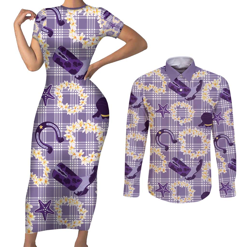 Aloha Hawaii Paniolo Lavender Palaka Couples Matching Short Sleeve Bodycon Dress and Long Sleeve Button Shirt Coastal Rodeo - Polynesian Pride