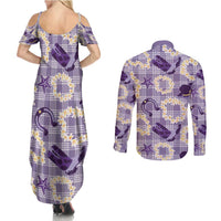 Aloha Hawaii Paniolo Lavender Palaka Couples Matching Summer Maxi Dress and Long Sleeve Button Shirt Coastal Rodeo - Polynesian Pride