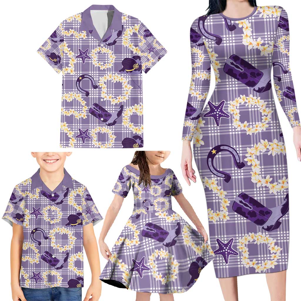 Aloha Hawaii Paniolo Lavender Palaka Family Matching Long Sleeve Bodycon Dress and Hawaiian Shirt Coastal Rodeo - Polynesian Pride