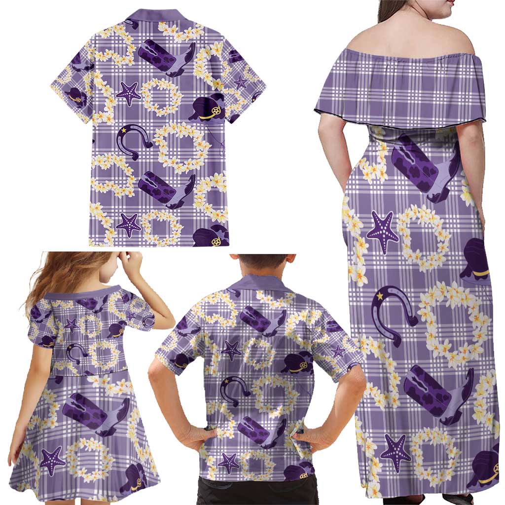Aloha Hawaii Paniolo Lavender Palaka Family Matching Off Shoulder Maxi Dress and Hawaiian Shirt Coastal Rodeo - Polynesian Pride