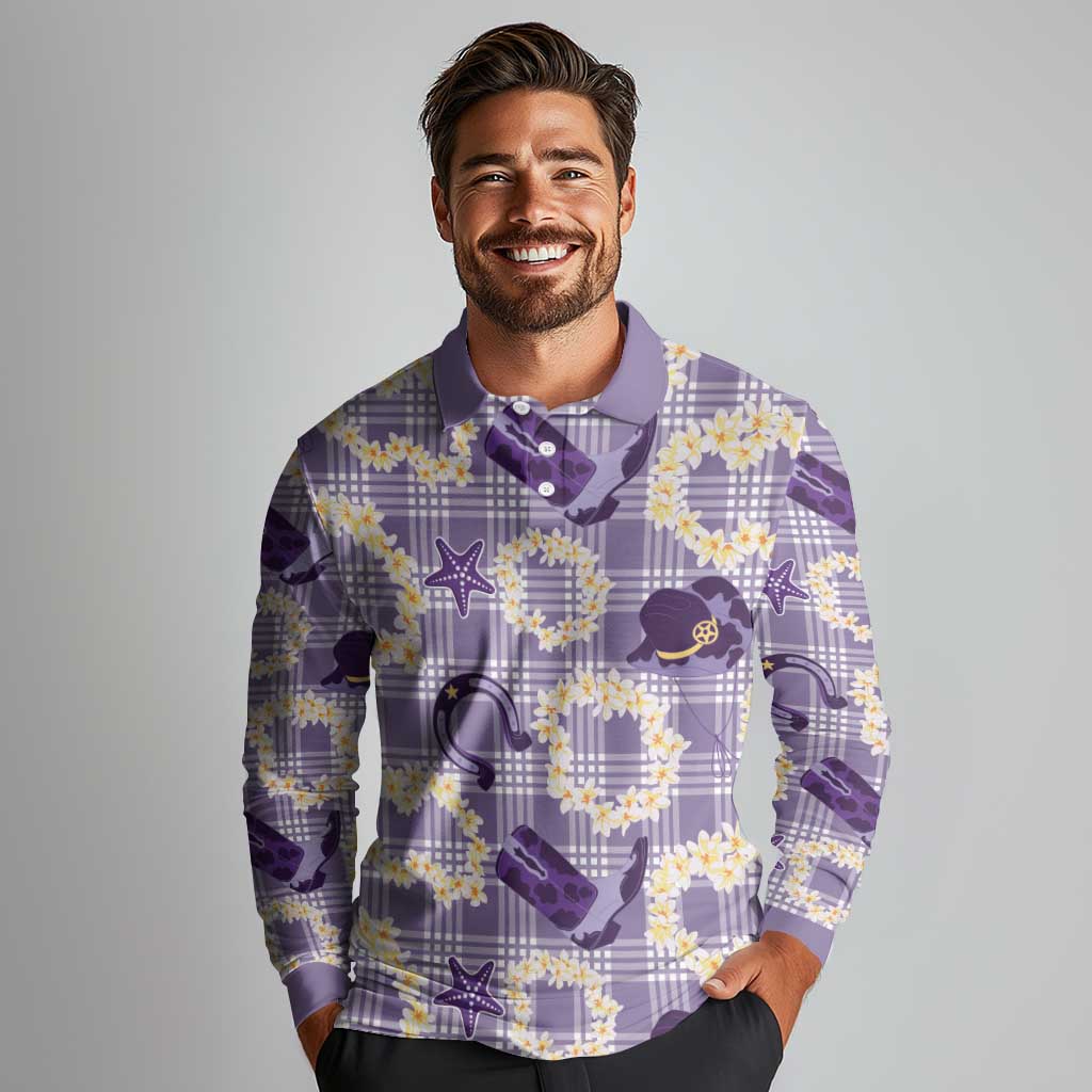 Aloha Hawaii Paniolo Lavender Palaka Long Sleeve Polo Shirt Coastal Rodeo - Polynesian Pride