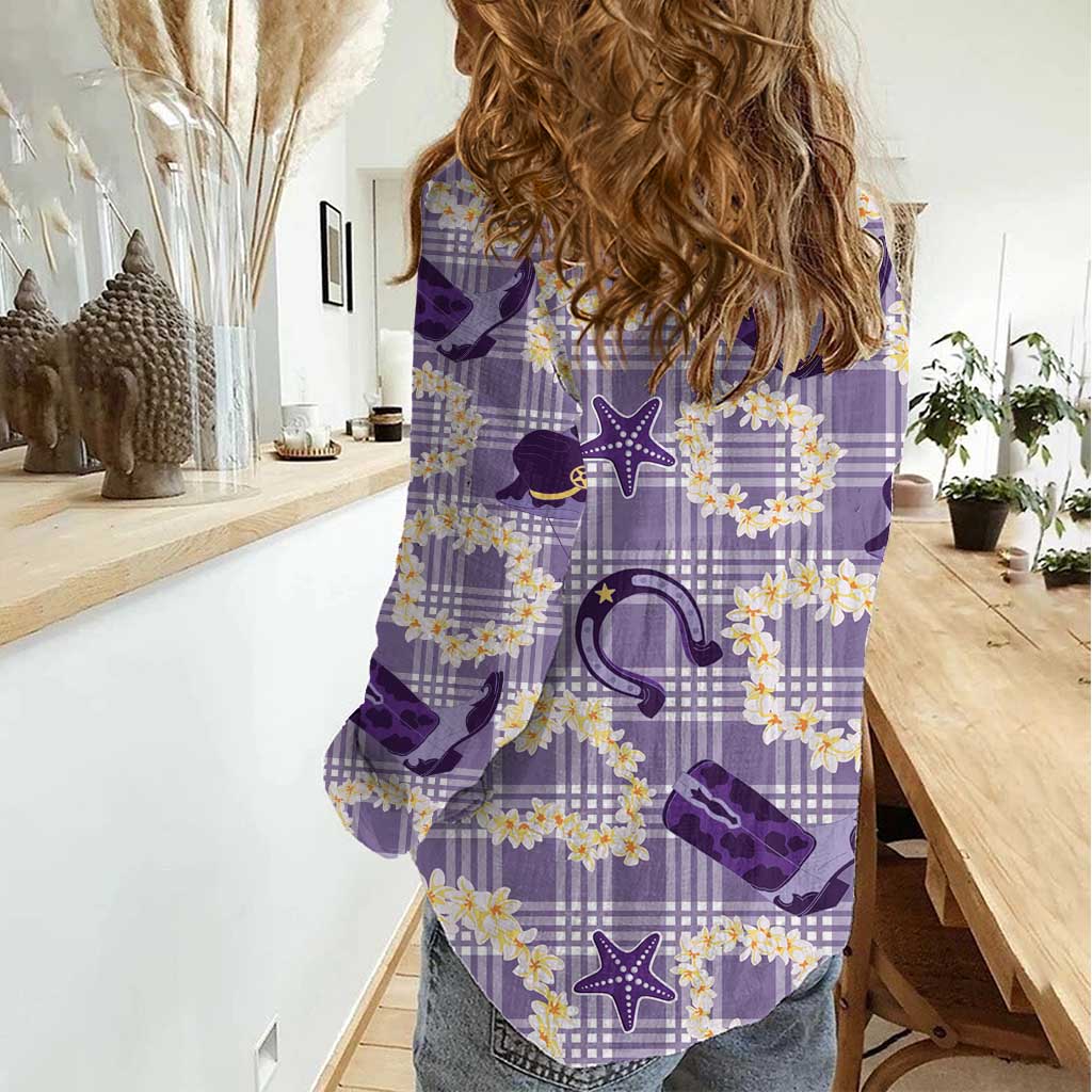 Aloha Hawaii Paniolo Lavender Palaka Women Casual Shirt Coastal Rodeo - Polynesian Pride