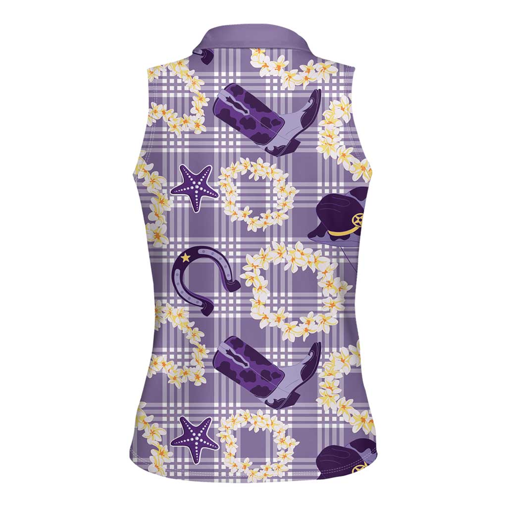 Aloha Hawaii Paniolo Lavender Palaka Women Sleeveless Polo Shirt Coastal Rodeo - Polynesian Pride