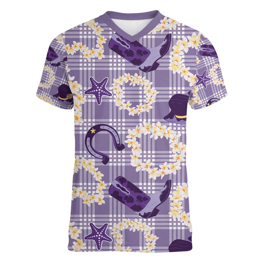 Aloha Hawaii Paniolo Lavender Palaka Women V-Neck T-Shirt Coastal Rodeo - Polynesian Pride