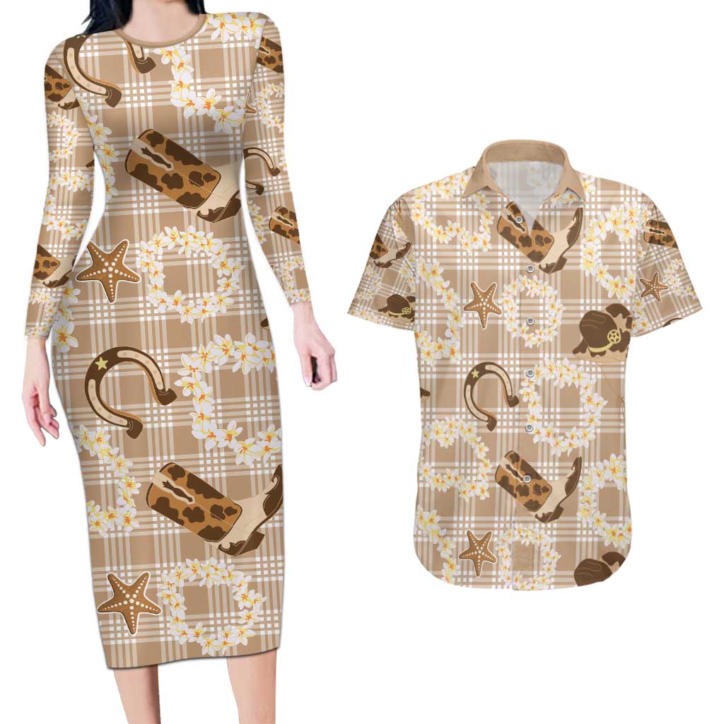 Aloha Hawaii Paniolo Khaki Palaka Couples Matching Long Sleeve Bodycon Dress and Hawaiian Shirt Coastal Rodeo - Polynesian Pride