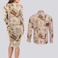 Aloha Hawaii Paniolo Khaki Palaka Couples Matching Long Sleeve Bodycon Dress and Long Sleeve Button Shirt Coastal Rodeo - Polynesian Pride