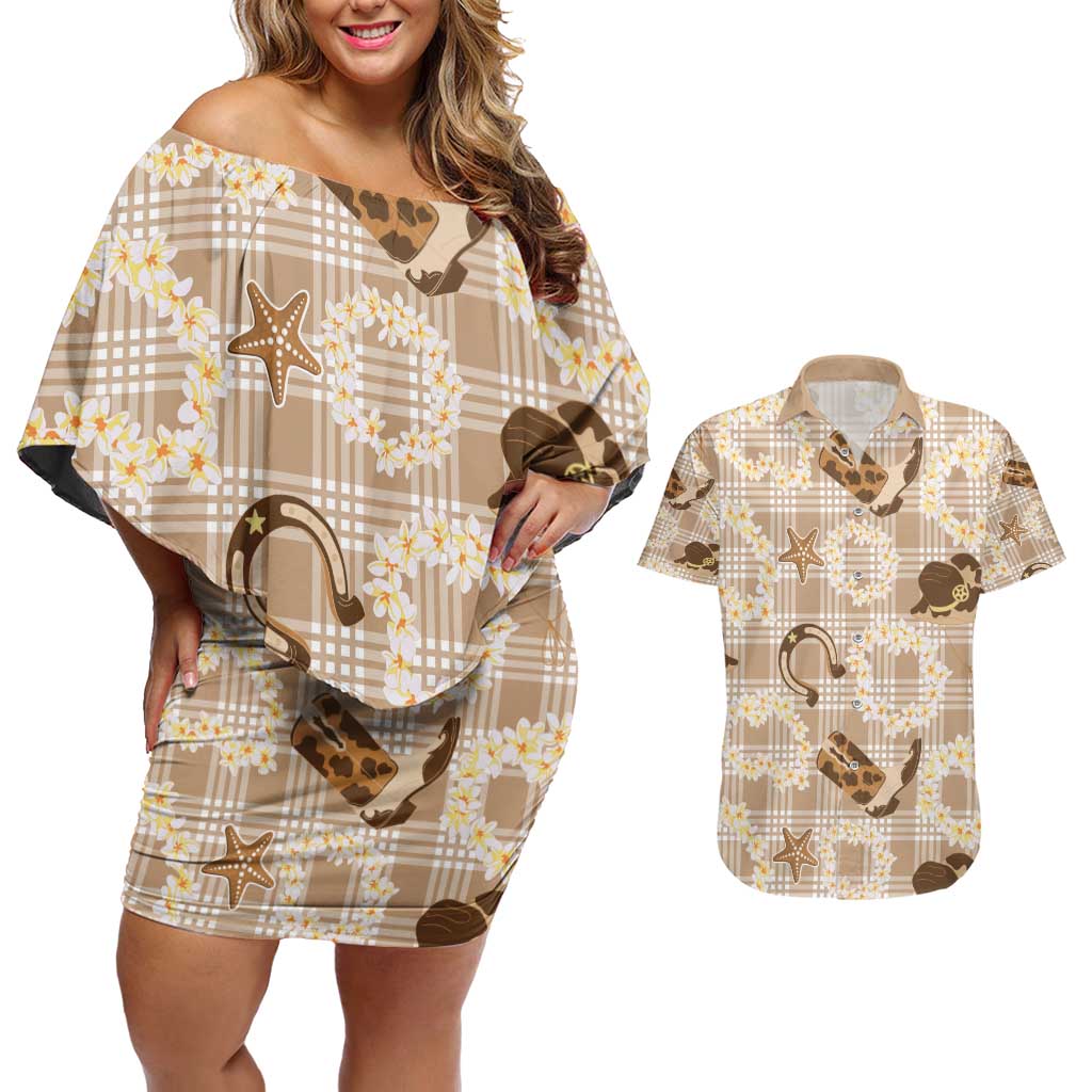Aloha Hawaii Paniolo Khaki Palaka Couples Matching Off Shoulder Short Dress and Hawaiian Shirt Coastal Rodeo - Polynesian Pride