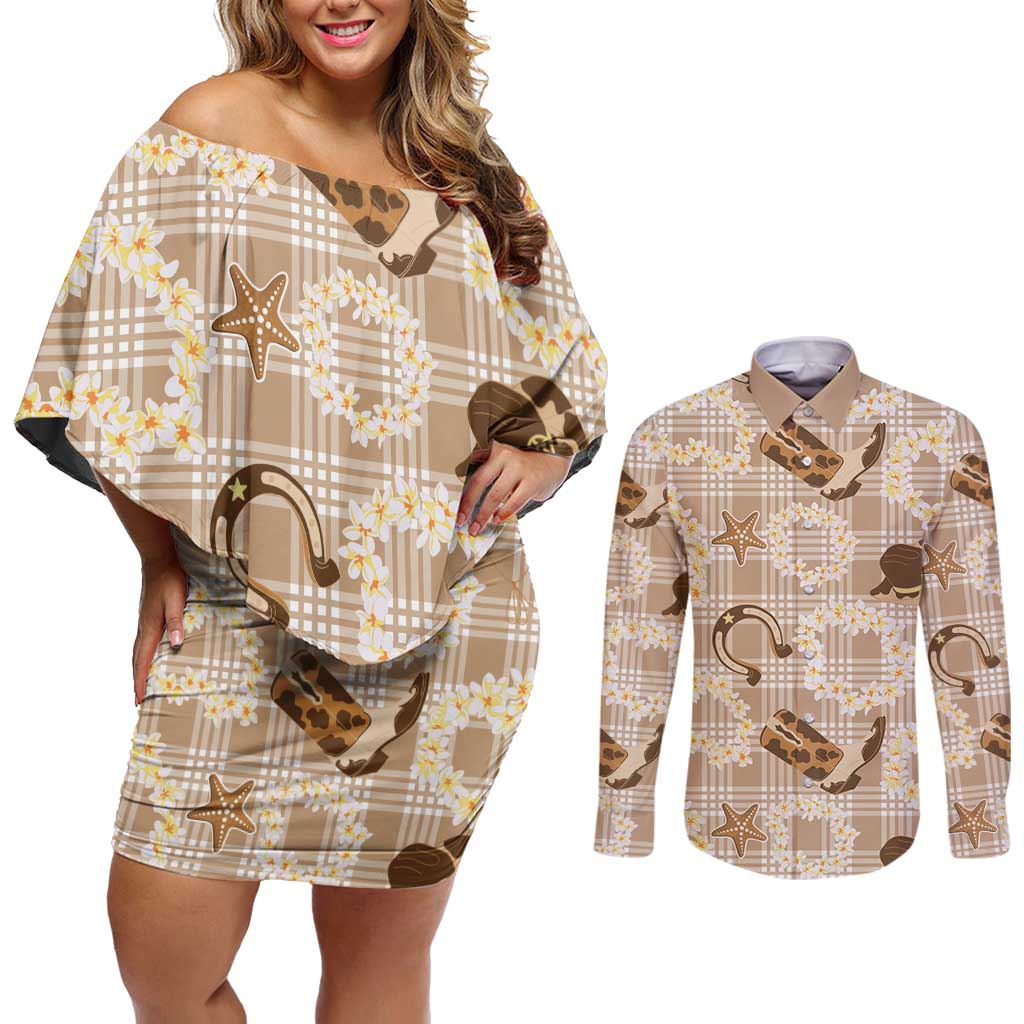 Aloha Hawaii Paniolo Khaki Palaka Couples Matching Off Shoulder Short Dress and Long Sleeve Button Shirt Coastal Rodeo - Polynesian Pride