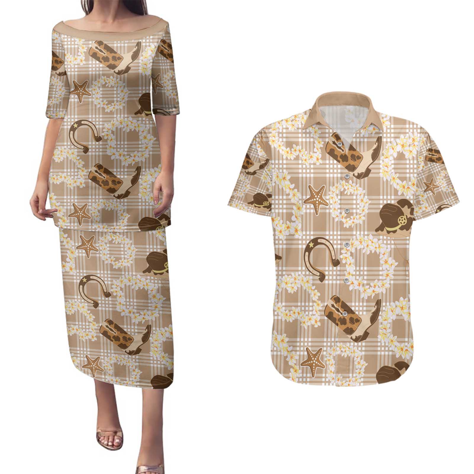 Aloha Hawaii Paniolo Khaki Palaka Couples Matching Puletasi and Hawaiian Shirt Coastal Rodeo - Polynesian Pride