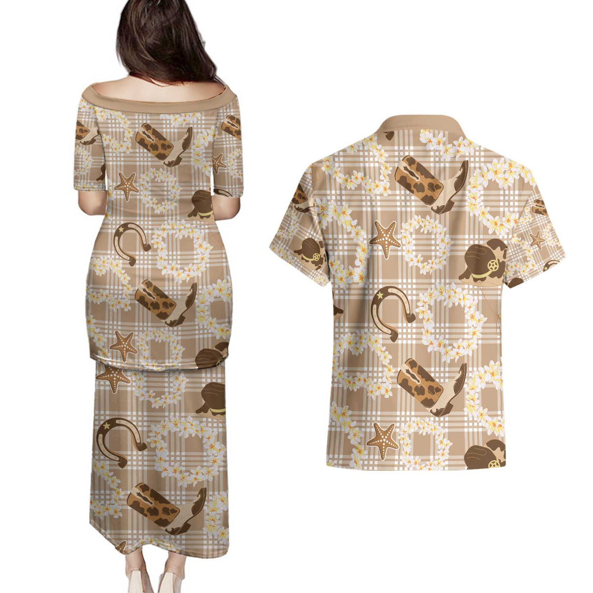 Aloha Hawaii Paniolo Khaki Palaka Couples Matching Puletasi and Hawaiian Shirt Coastal Rodeo - Polynesian Pride