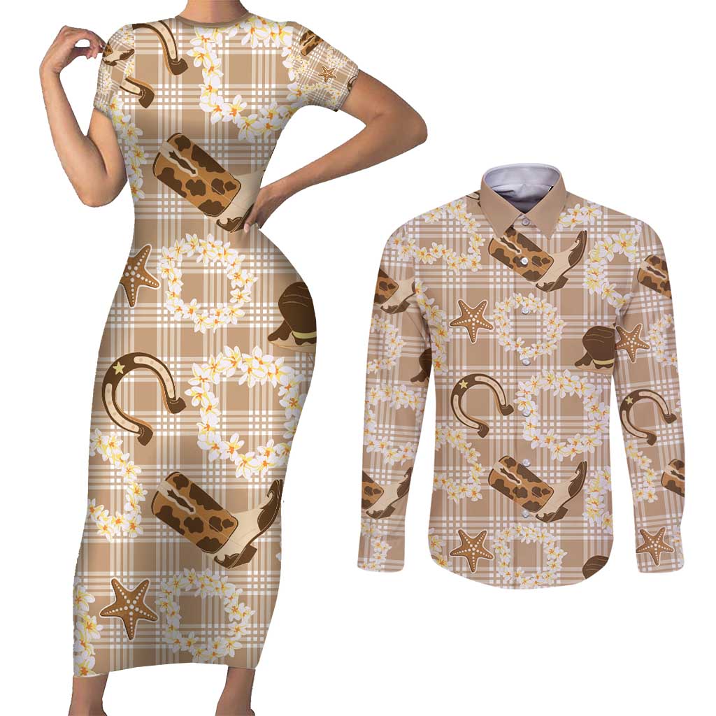 Aloha Hawaii Paniolo Khaki Palaka Couples Matching Short Sleeve Bodycon Dress and Long Sleeve Button Shirt Coastal Rodeo - Polynesian Pride