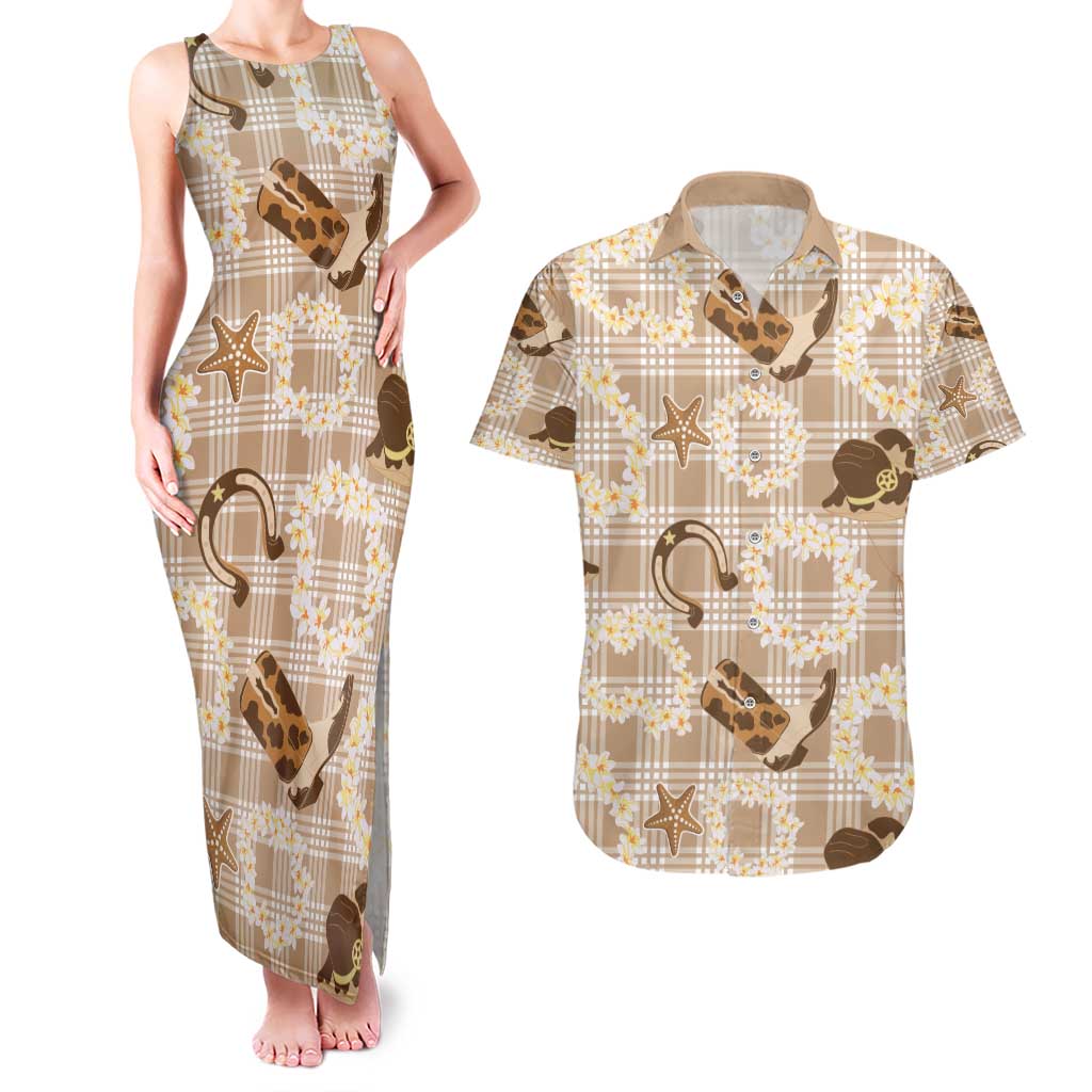 Aloha Hawaii Paniolo Khaki Palaka Couples Matching Tank Maxi Dress and Hawaiian Shirt Coastal Rodeo - Polynesian Pride