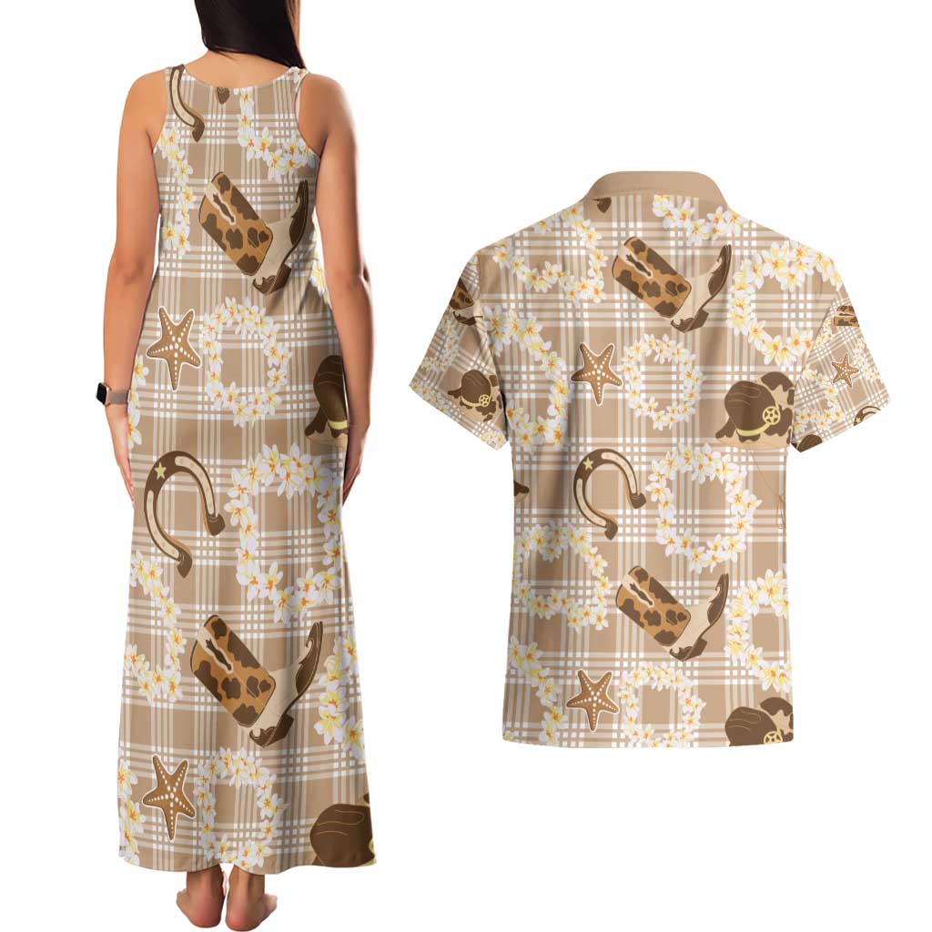 Aloha Hawaii Paniolo Khaki Palaka Couples Matching Tank Maxi Dress and Hawaiian Shirt Coastal Rodeo - Polynesian Pride