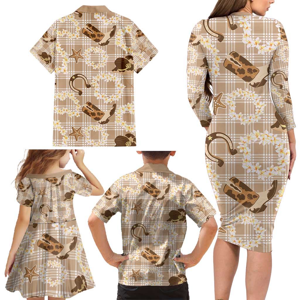 Aloha Hawaii Paniolo Khaki Palaka Family Matching Long Sleeve Bodycon Dress and Hawaiian Shirt Coastal Rodeo - Polynesian Pride