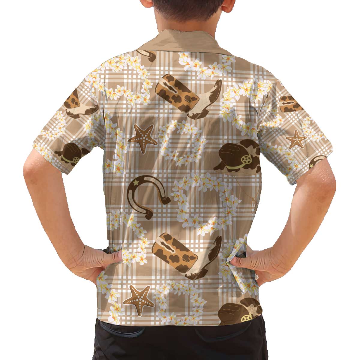 Aloha Hawaii Paniolo Khaki Palaka Family Matching Off The Shoulder Long Sleeve Dress and Hawaiian Shirt Coastal Rodeo LT7 - Polynesian Pride