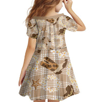 Aloha Hawaii Paniolo Khaki Palaka Family Matching Off The Shoulder Long Sleeve Dress and Hawaiian Shirt Coastal Rodeo LT7 - Polynesian Pride