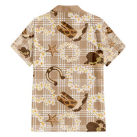 Aloha Hawaii Paniolo Khaki Palaka Family Matching Off The Shoulder Long Sleeve Dress and Hawaiian Shirt Coastal Rodeo LT7 - Polynesian Pride