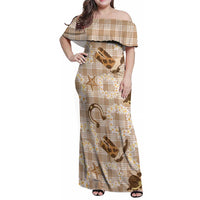 Aloha Hawaii Paniolo Khaki Palaka Family Matching Off Shoulder Maxi Dress and Hawaiian Shirt Coastal Rodeo - Polynesian Pride