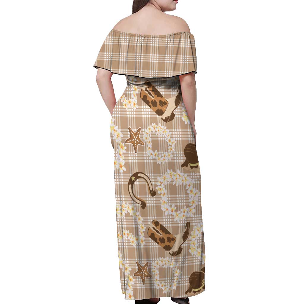 Aloha Hawaii Paniolo Khaki Palaka Off Shoulder Maxi Dress Coastal Rodeo - Polynesian Pride