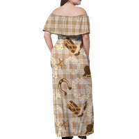 Aloha Hawaii Paniolo Khaki Palaka Off Shoulder Maxi Dress Coastal Rodeo - Polynesian Pride