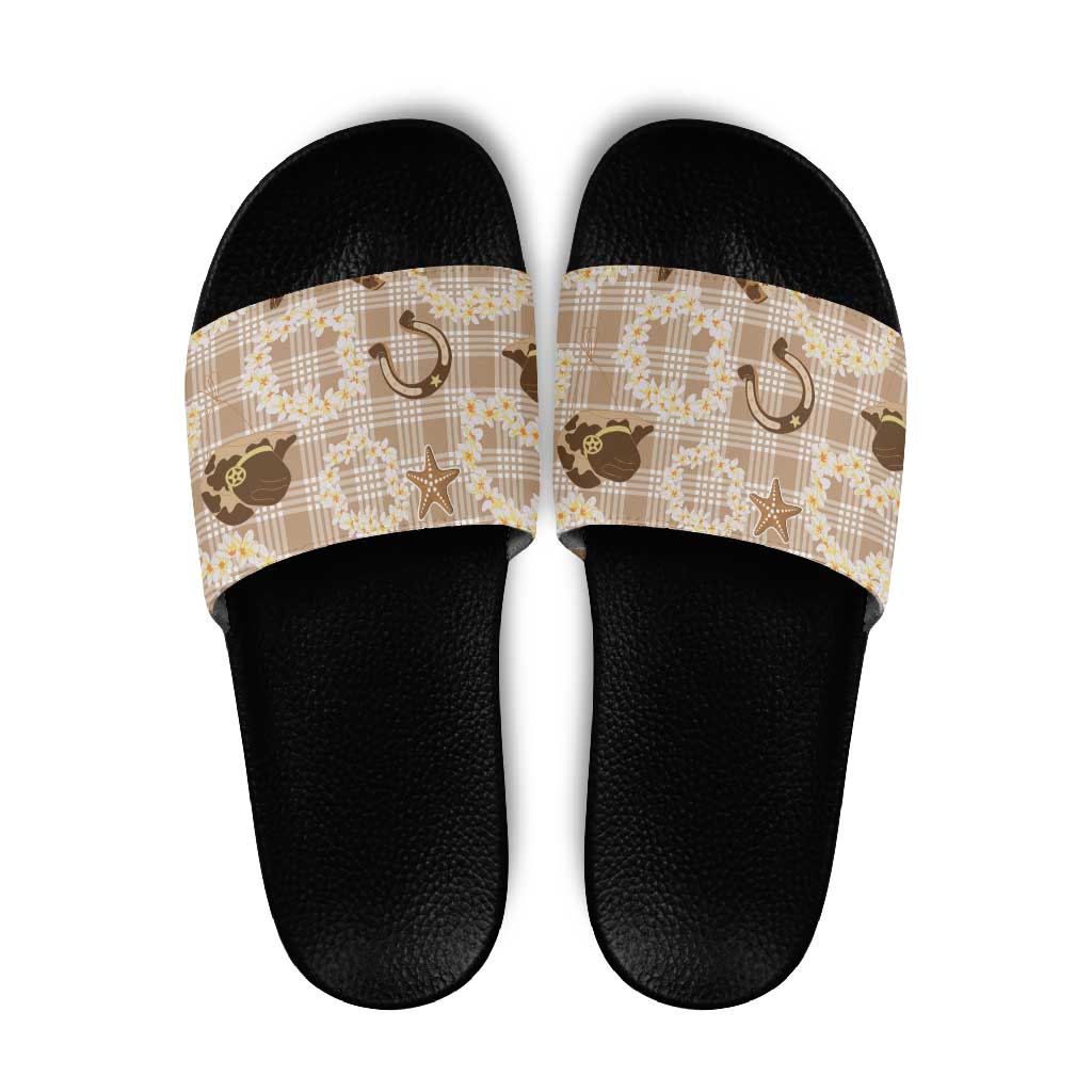Aloha Hawaii Paniolo Khaki Palaka Slide Sandals Coastal Rodeo - Polynesian Pride