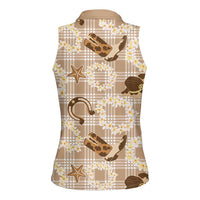 Aloha Hawaii Paniolo Khaki Palaka Women Sleeveless Polo Shirt Coastal Rodeo - Polynesian Pride