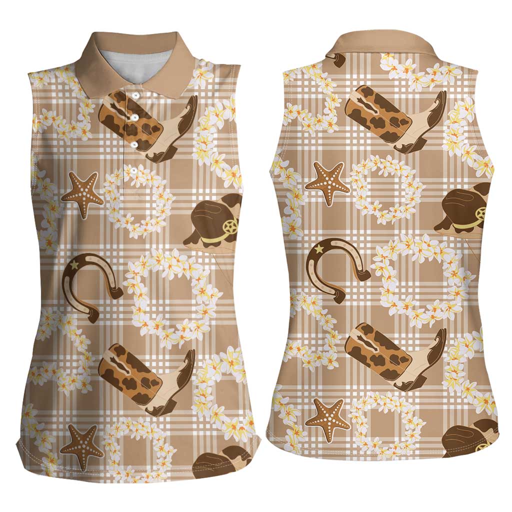 Aloha Hawaii Paniolo Khaki Palaka Women Sleeveless Polo Shirt Coastal Rodeo - Polynesian Pride