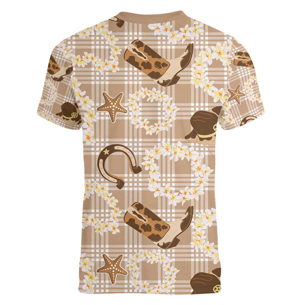 Aloha Hawaii Paniolo Khaki Palaka Women V-Neck T-Shirt Coastal Rodeo - Polynesian Pride