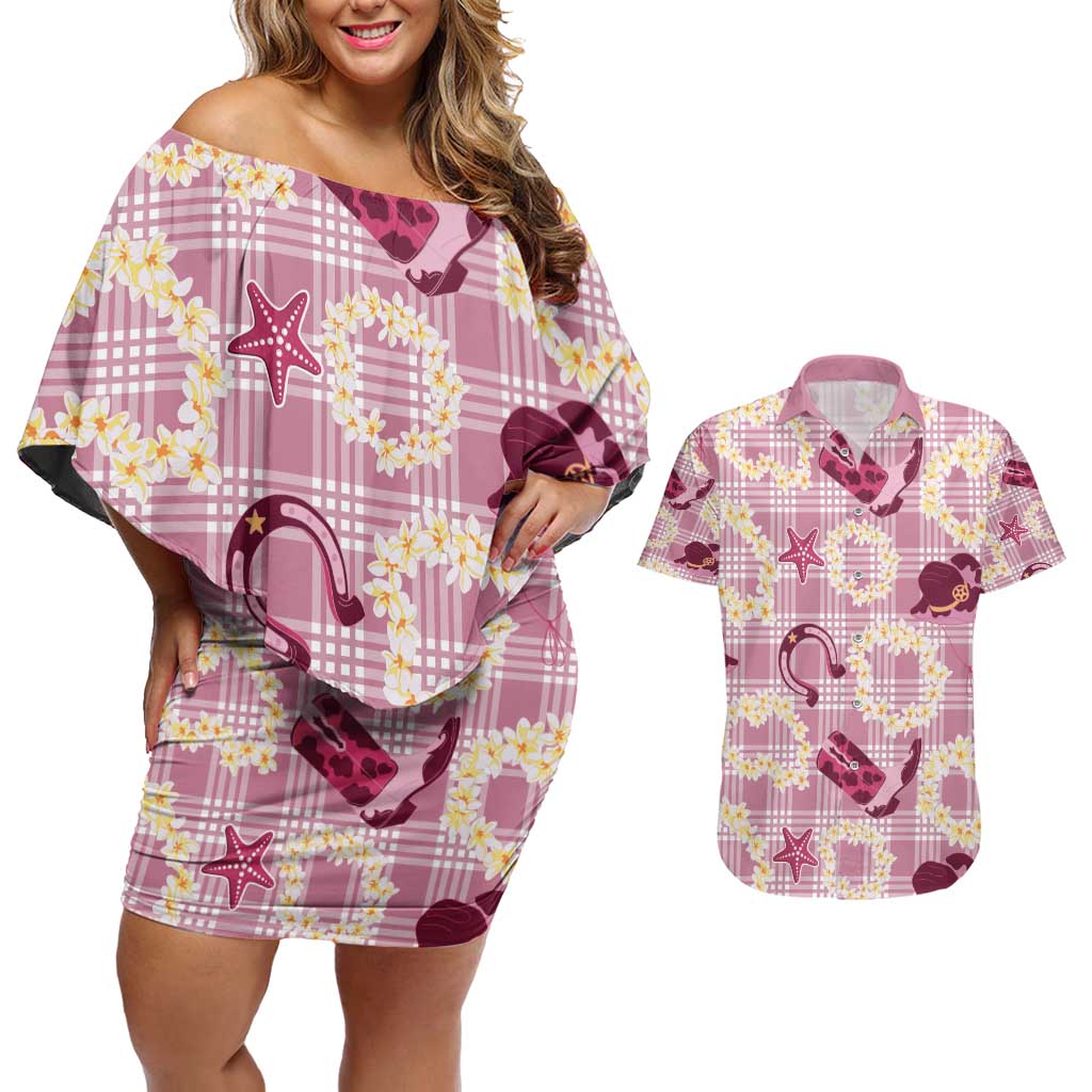 Aloha Hawaii Paniolo Lokelani Rose Palaka Couples Matching Off Shoulder Short Dress and Hawaiian Shirt Coastal Rodeo - Polynesian Pride