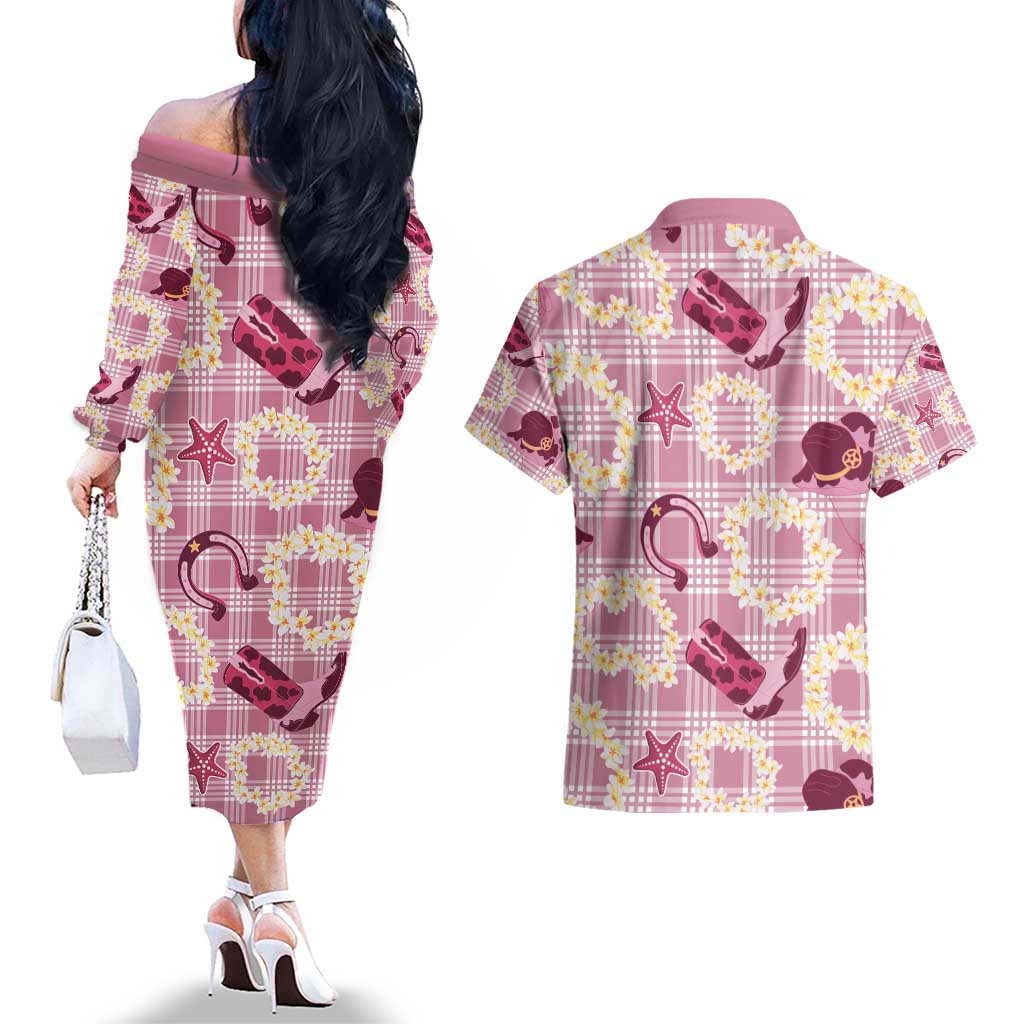 Aloha Hawaii Paniolo Lokelani Rose Palaka Couples Matching Off The Shoulder Long Sleeve Dress and Hawaiian Shirt Coastal Rodeo - Polynesian Pride