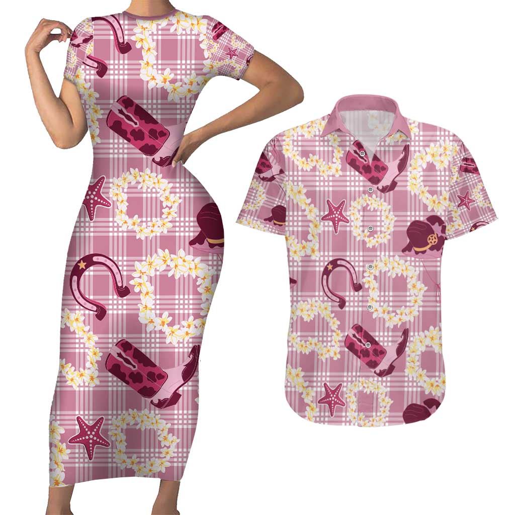 Aloha Hawaii Paniolo Lokelani Rose Palaka Couples Matching Short Sleeve Bodycon Dress and Hawaiian Shirt Coastal Rodeo - Polynesian Pride