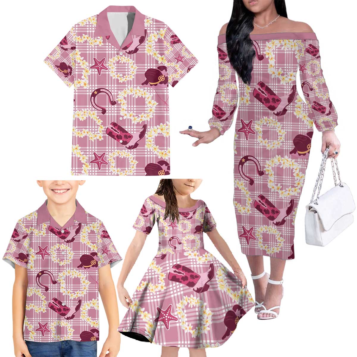 Aloha Hawaii Paniolo Lokelani Rose Palaka Family Matching Off The Shoulder Long Sleeve Dress and Hawaiian Shirt Coastal Rodeo LT7 - Polynesian Pride