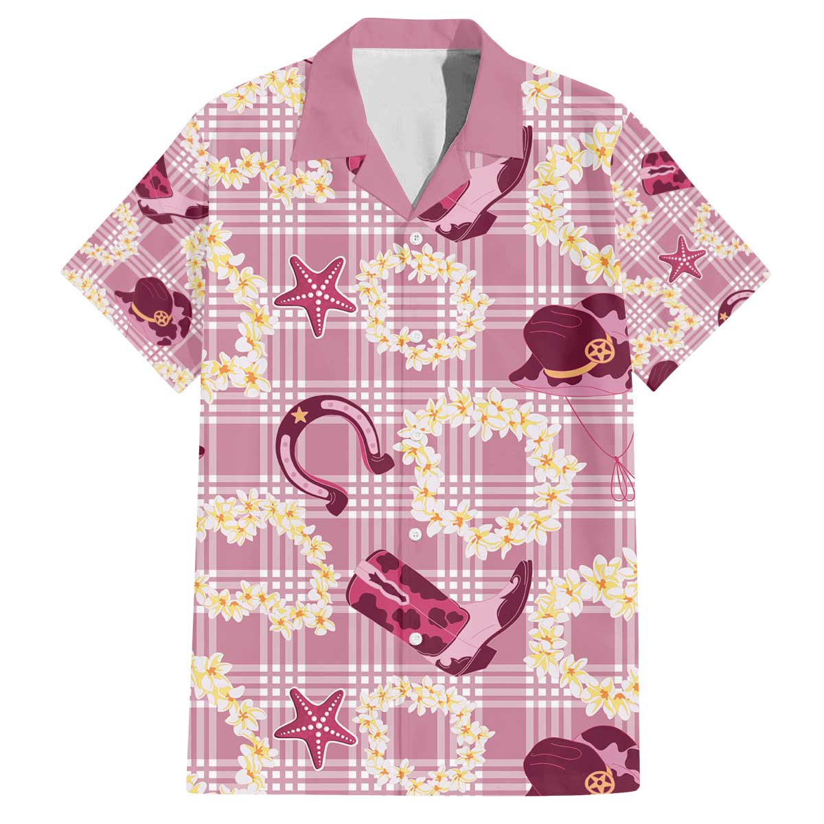 Aloha Hawaii Paniolo Lokelani Rose Palaka Family Matching Off The Shoulder Long Sleeve Dress and Hawaiian Shirt Coastal Rodeo LT7 Dad's Shirt - Short Sleeve Rose Pink - Polynesian Pride