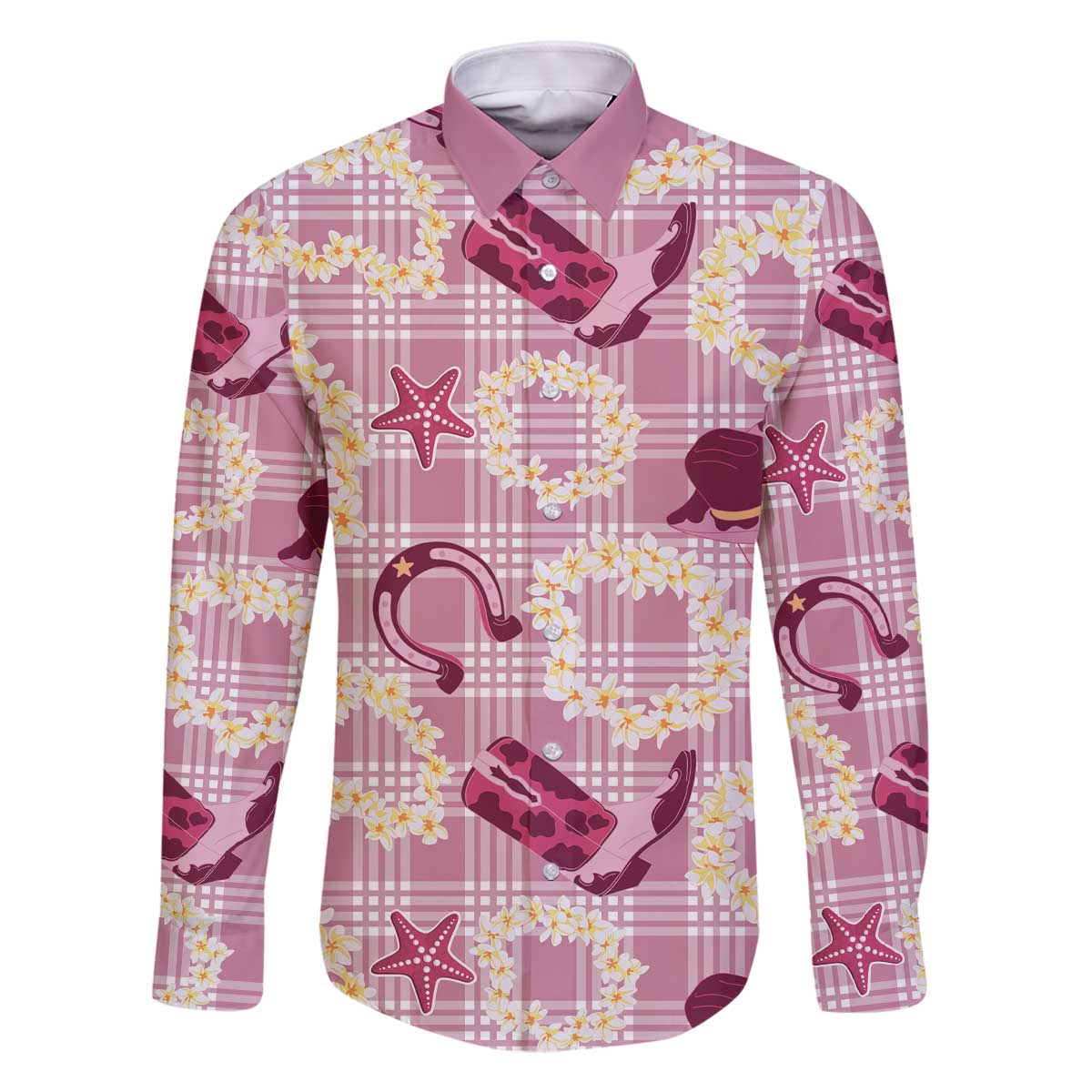 Aloha Hawaii Paniolo Lokelani Rose Palaka Family Matching Off The Shoulder Long Sleeve Dress and Hawaiian Shirt Coastal Rodeo LT7 Dad's Shirt - Long Sleeve Rose Pink - Polynesian Pride