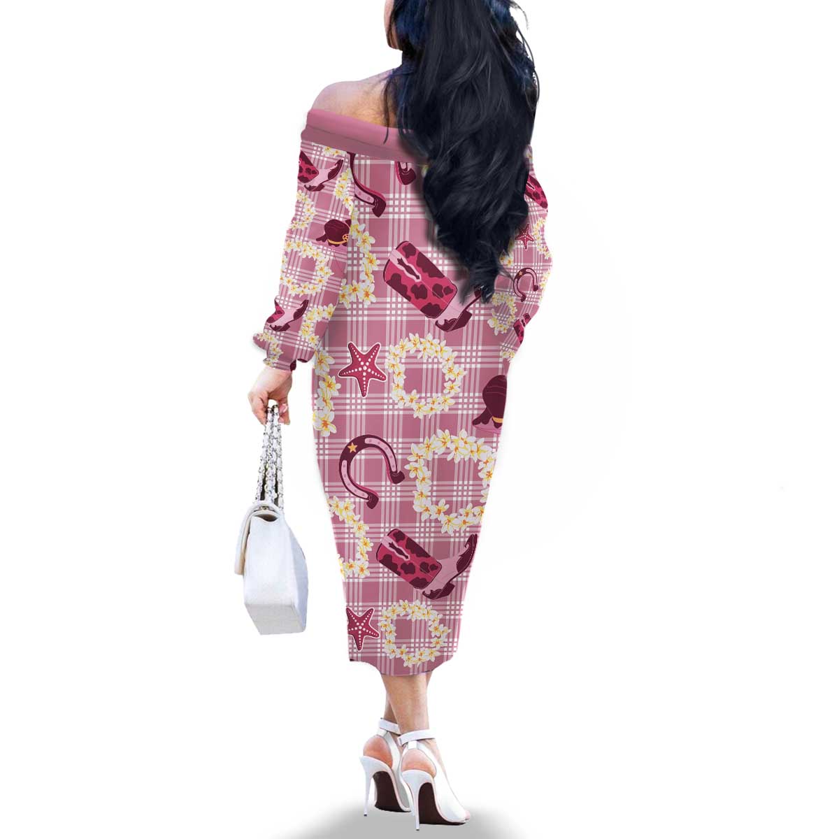 Aloha Hawaii Paniolo Lokelani Rose Palaka Family Matching Off The Shoulder Long Sleeve Dress and Hawaiian Shirt Coastal Rodeo LT7 - Polynesian Pride