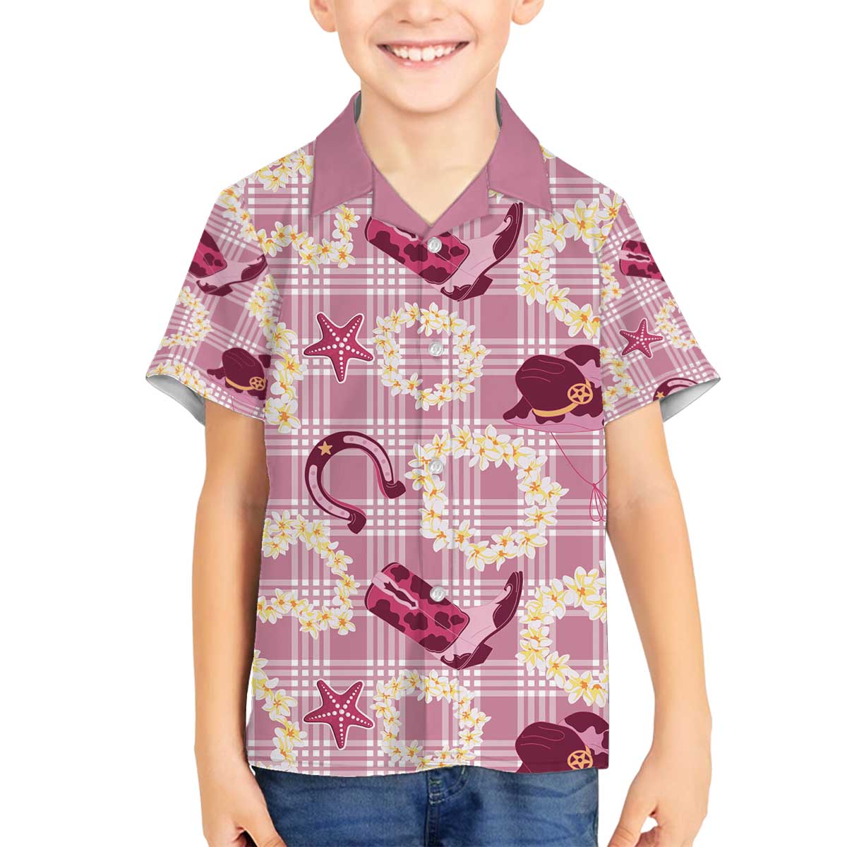 Aloha Hawaii Paniolo Lokelani Rose Palaka Family Matching Off The Shoulder Long Sleeve Dress and Hawaiian Shirt Coastal Rodeo LT7 Son's Shirt Rose Pink - Polynesian Pride