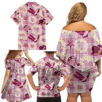 Aloha Hawaii Paniolo Lokelani Rose Palaka Family Matching Off Shoulder Short Dress and Hawaiian Shirt Coastal Rodeo - Polynesian Pride