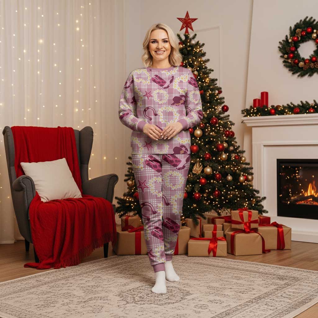 Aloha Hawaii Paniolo Lokelani Rose Palaka Christmas Pajama Set Coastal Rodeo - Polynesian Pride