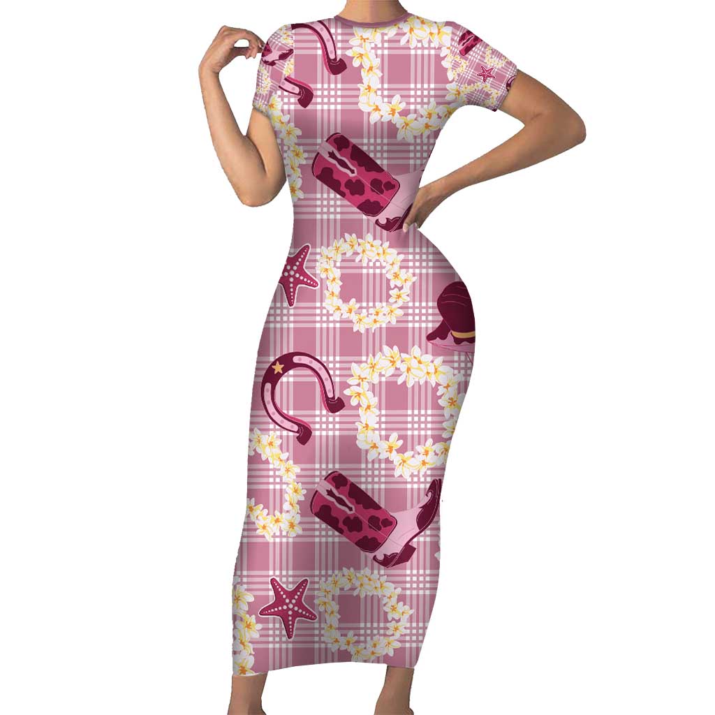 Aloha Hawaii Paniolo Lokelani Rose Palaka Short Sleeve Bodycon Dress Coastal Rodeo LT7 Long Dress Rose Pink - Polynesian Pride