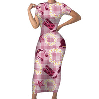 Aloha Hawaii Paniolo Lokelani Rose Palaka Short Sleeve Bodycon Dress Coastal Rodeo LT7 Long Dress Rose Pink - Polynesian Pride