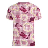 Aloha Hawaii Paniolo Lokelani Rose Palaka Women V-Neck T-Shirt Coastal Rodeo - Polynesian Pride