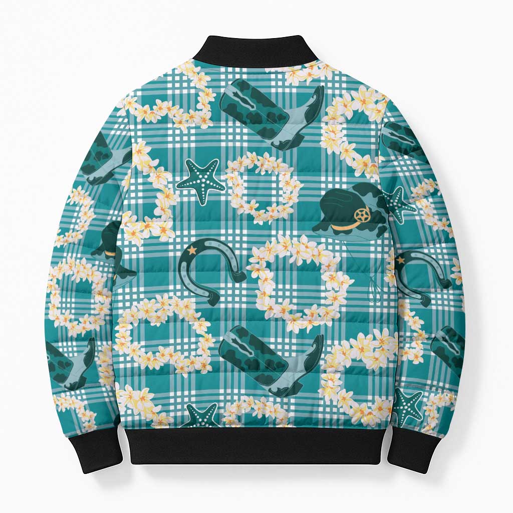 Aloha Hawaii Paniolo Teal Palaka Bomber Puffer Jacket Coastal Rodeo - Polynesian Pride