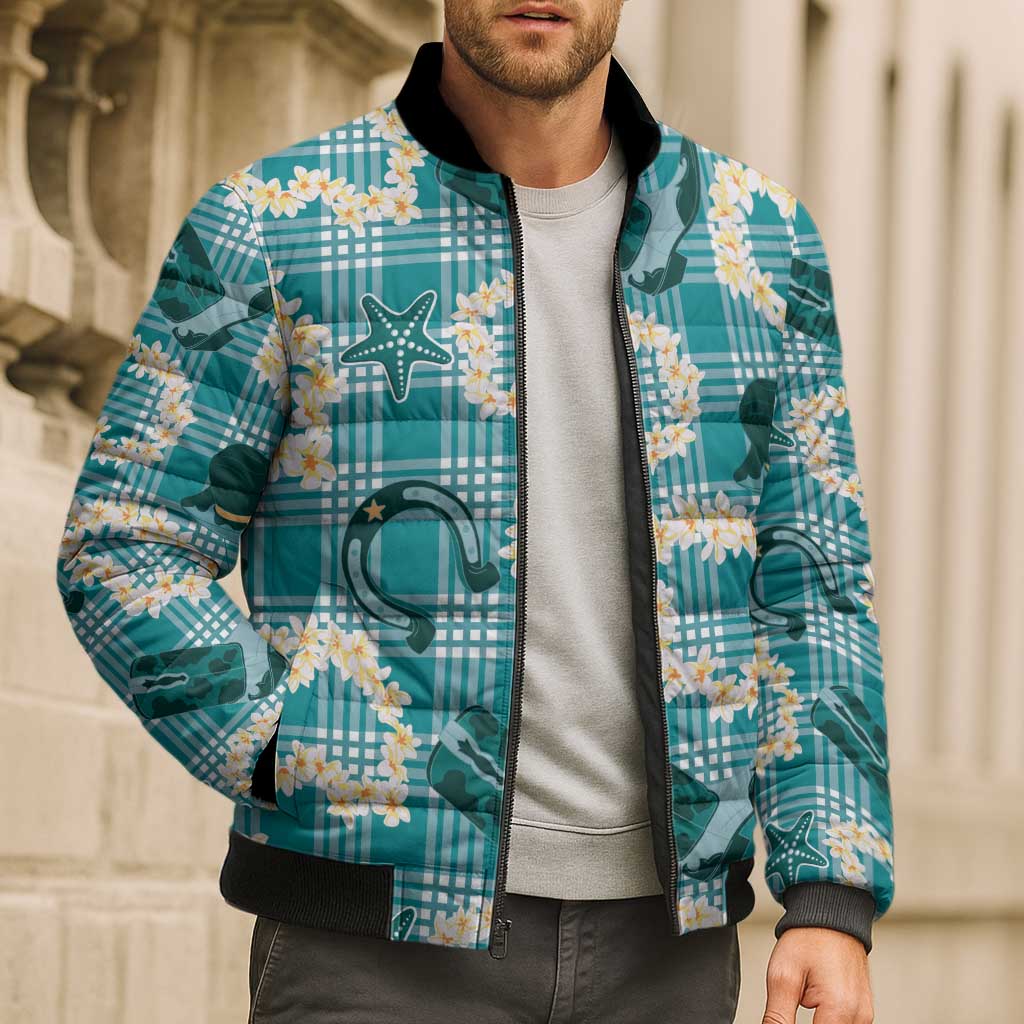 Aloha Hawaii Paniolo Teal Palaka Bomber Puffer Jacket Coastal Rodeo - Polynesian Pride