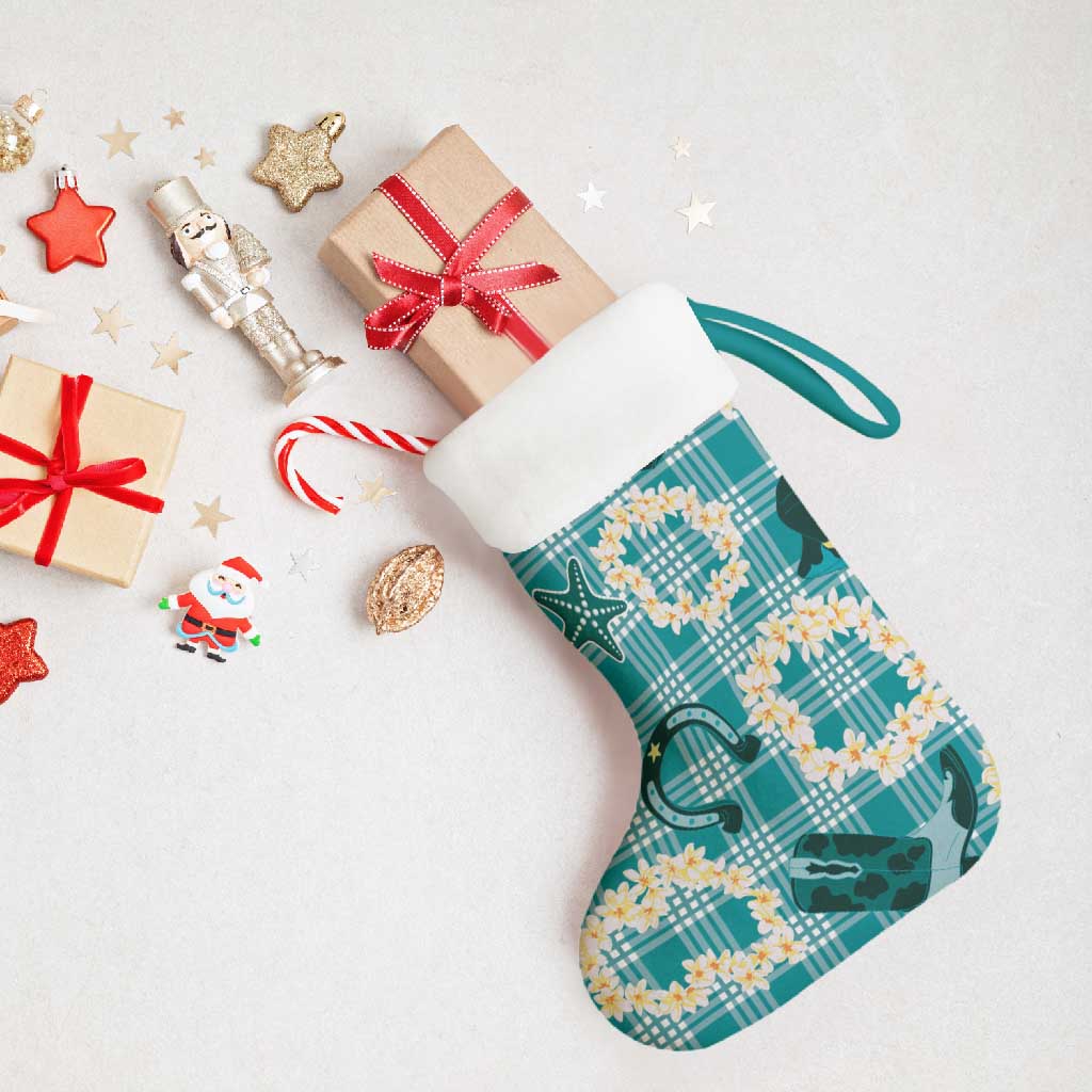 Aloha Hawaii Paniolo Teal Palaka Christmas Stocking Coastal Rodeo - Polynesian Pride